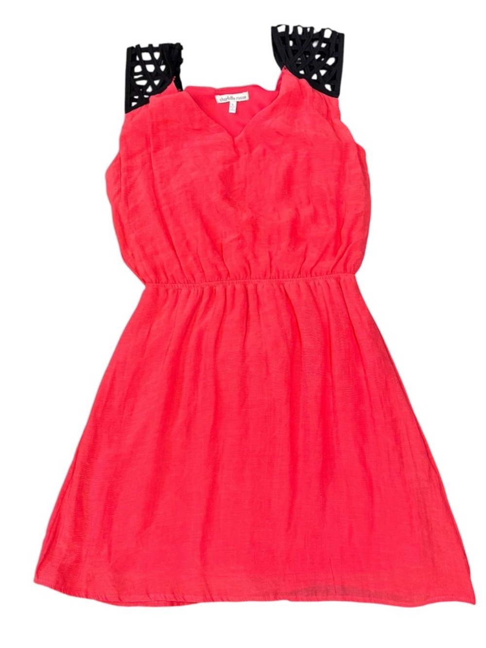 Charlotte Russe Coral Dress with Black Lattice Shoulders